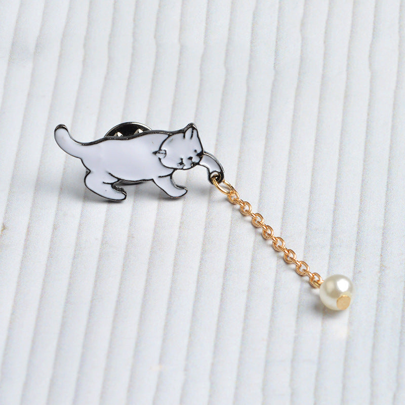 Cat Catching Hanging Ball Pearl Animal Metal Pin Badge