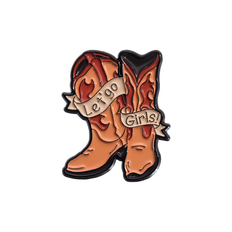Creative Brown Cowboy Series Retro Metal Pins Badges, bull head boots, hats, geometric landscape patterns, lacquer brooches