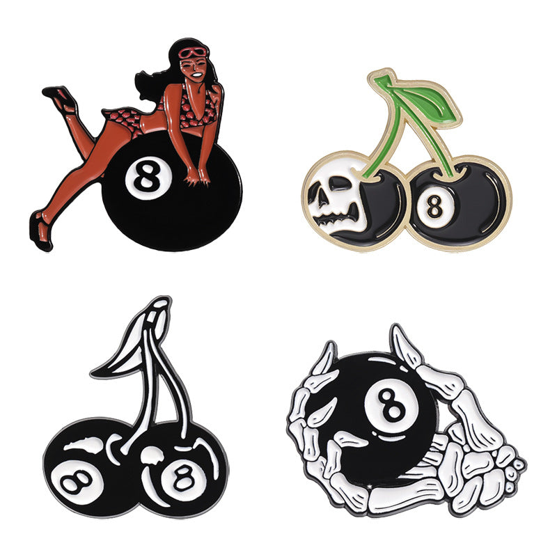 Personality Black No. 8 Billiards Sports Cherry Skull Metal Pin Badge