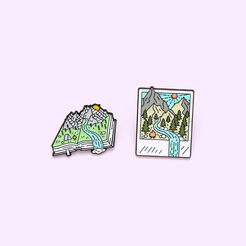 Cartoon Map Creative Landscape Book Metal Pins Badges mountain forest river accessories brooch badge