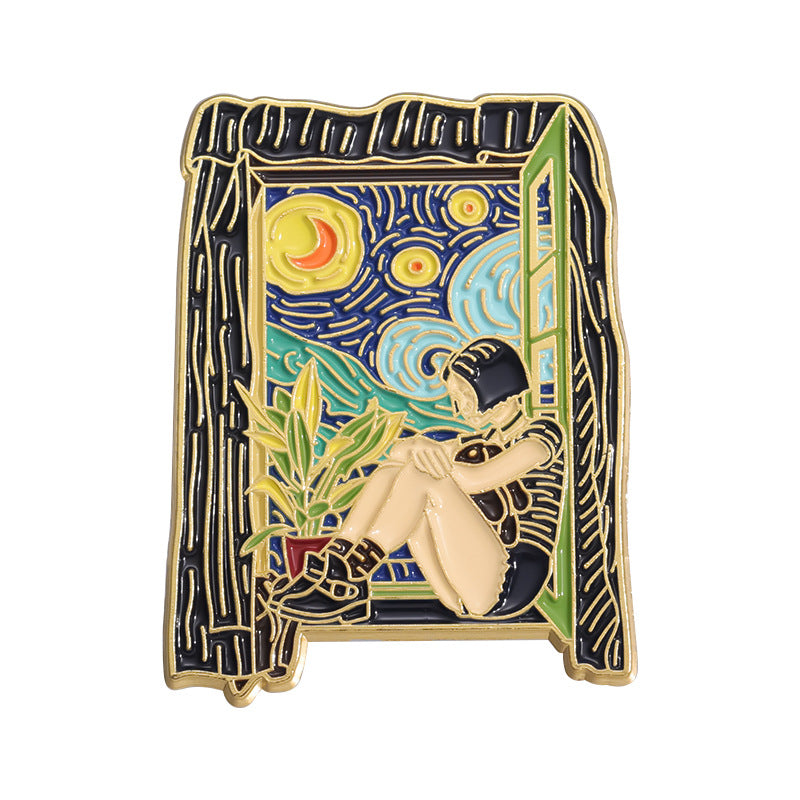 Creative Artsy Famous Oil Painting Starry Sky Metal Pin Badge