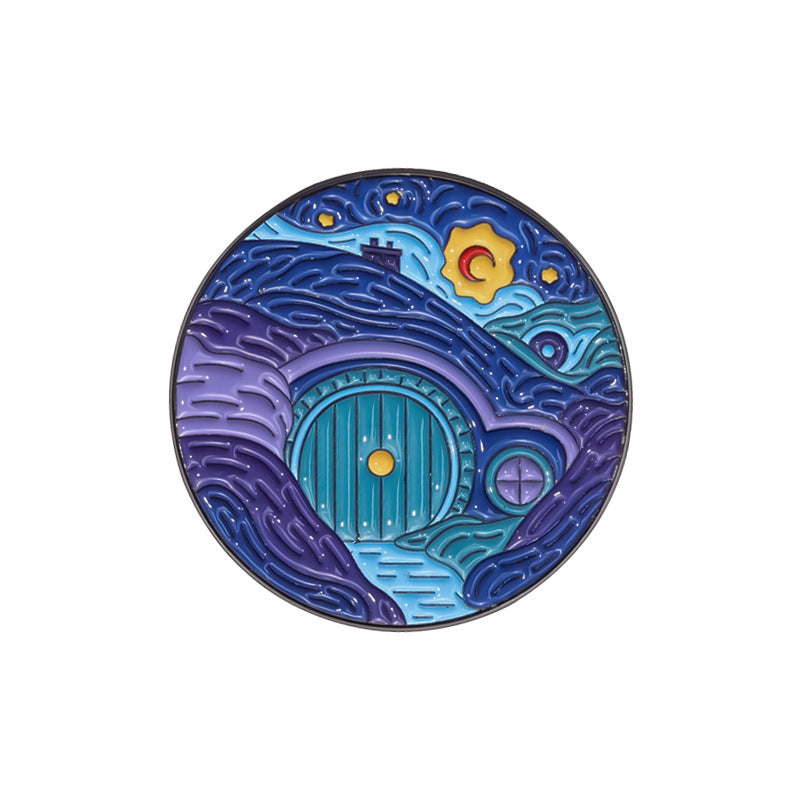 Blue Cartoon Starry Sky Moonlit Night Oil Painting Metal Pin Badge