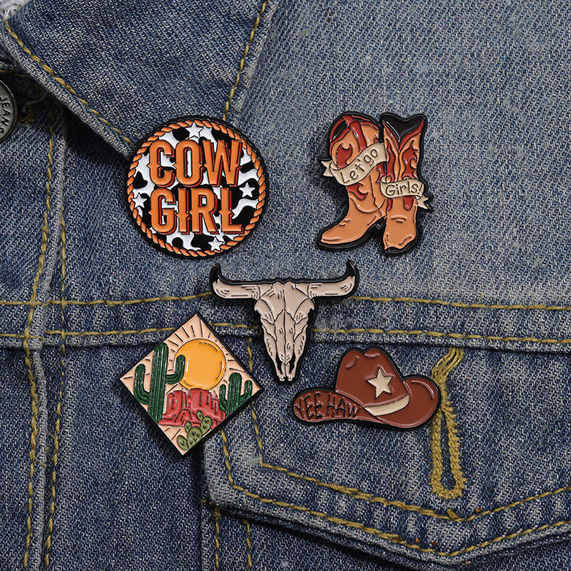 Creative Brown Cowboy Series Retro Metal Pins Badges, bull head boots, hats, geometric landscape patterns, lacquer brooches