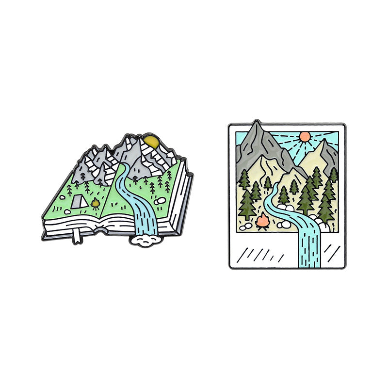 Cartoon Map Creative Landscape Book Metal Pins Badges mountain forest river accessories brooch badge