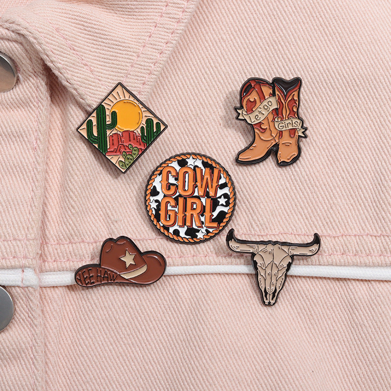 Creative Brown Cowboy Series Retro Metal Pins Badges, bull head boots, hats, geometric landscape patterns, lacquer brooches