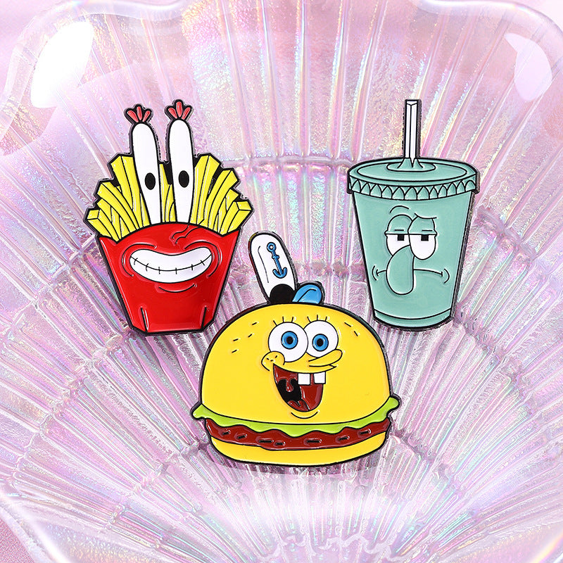 Sponge Bob Cartoon Cute Octopus Snacks Metal Pins Badges