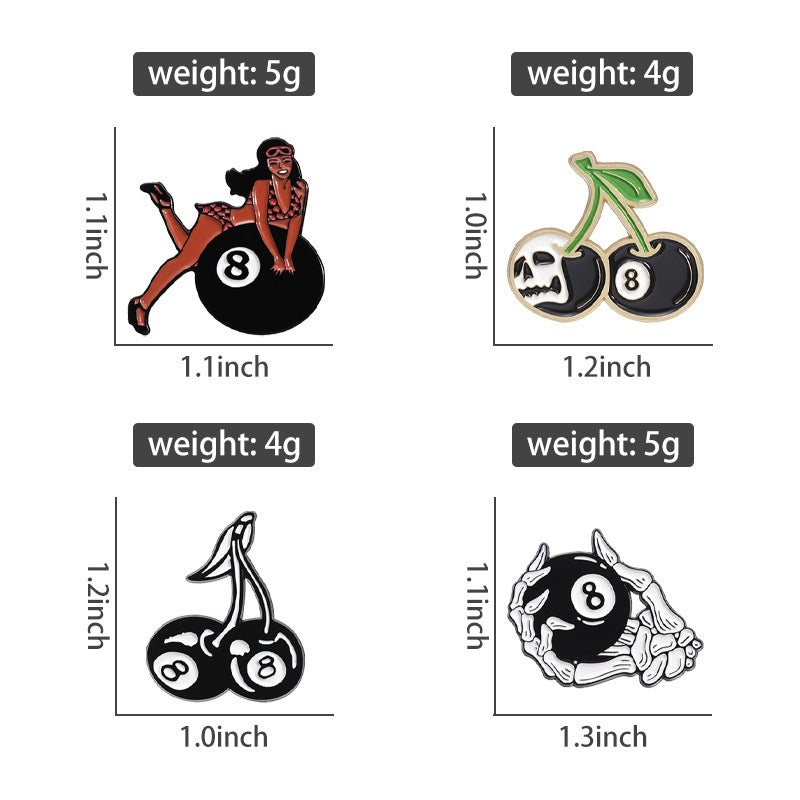Personality Black No. 8 Billiards Sports Cherry Skull Metal Pin Badge