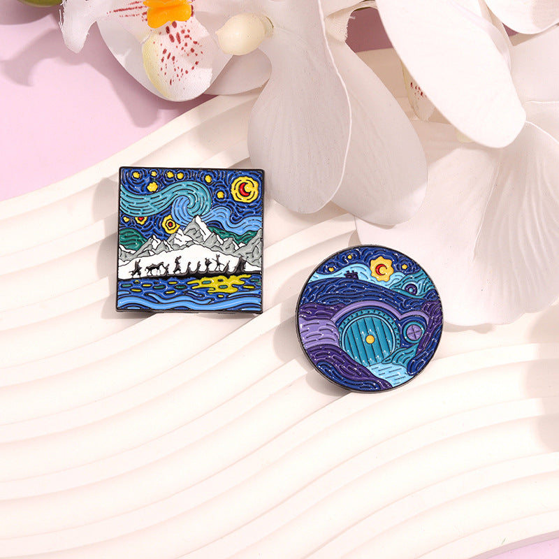 Blue Cartoon Starry Sky Moonlit Night Oil Painting Metal Pin Badge