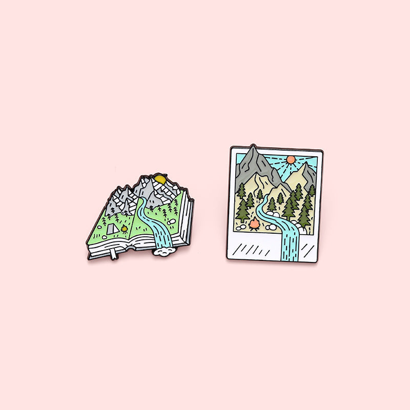 Cartoon Map Creative Landscape Book Metal Pins Badges mountain forest river accessories brooch badge