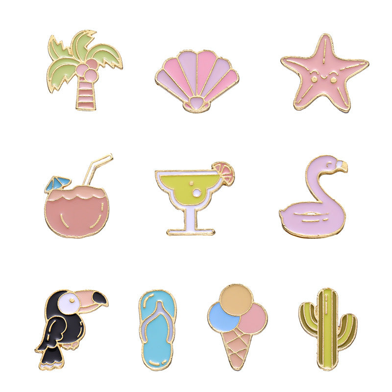 Summer Themed Metal Pins Badges Drink Ice Cream Pink Leaf Soda Starfish Shell Coconut Tree