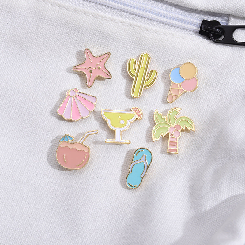 Summer Themed Metal Pins Badges Drink Ice Cream Pink Leaf Soda Starfish Shell Coconut Tree