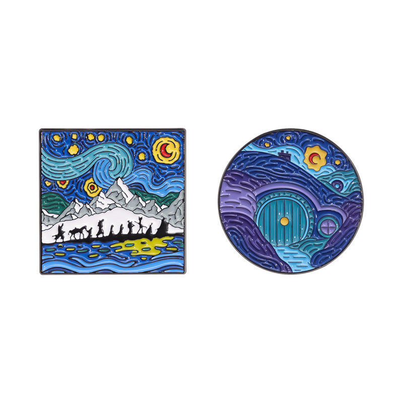 Blue Cartoon Starry Sky Moonlit Night Oil Painting Metal Pin Badge