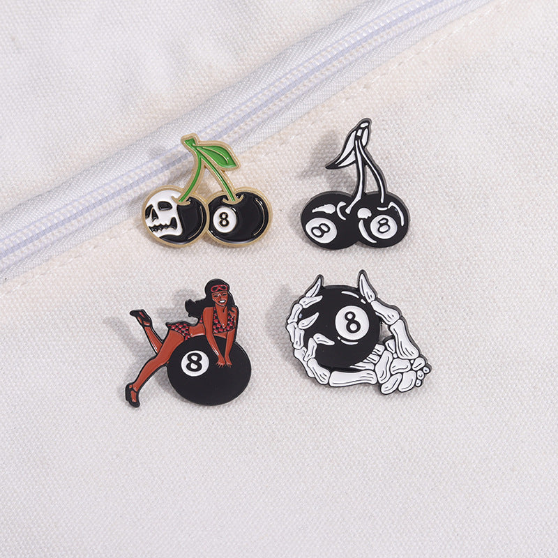 Personality Black No. 8 Billiards Sports Cherry Skull Metal Pin Badge