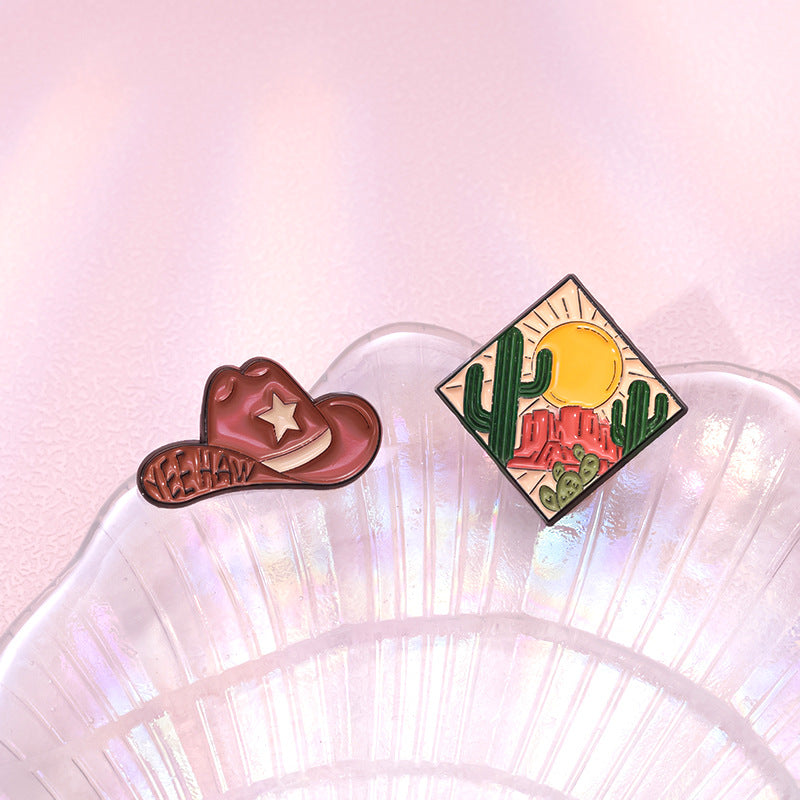 Creative Brown Cowboy Series Retro Metal Pins Badges, bull head boots, hats, geometric landscape patterns, lacquer brooches