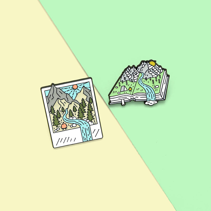 Cartoon Map Creative Landscape Book Metal Pins Badges mountain forest river accessories brooch badge