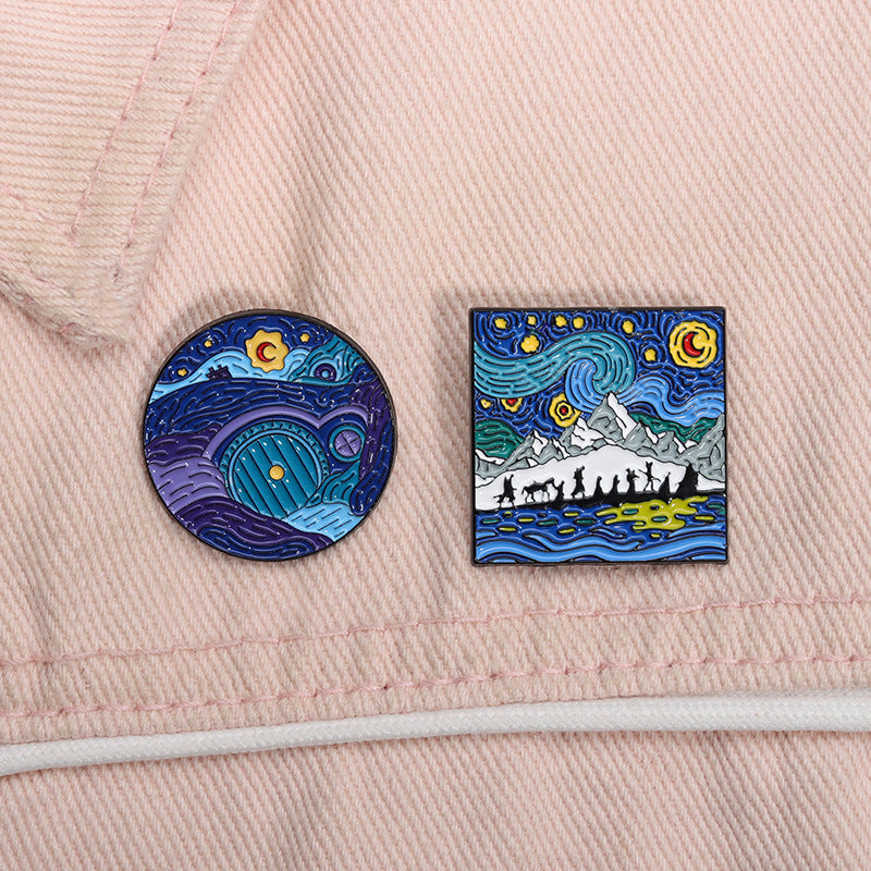 Blue Cartoon Starry Sky Moonlit Night Oil Painting Metal Pin Badge
