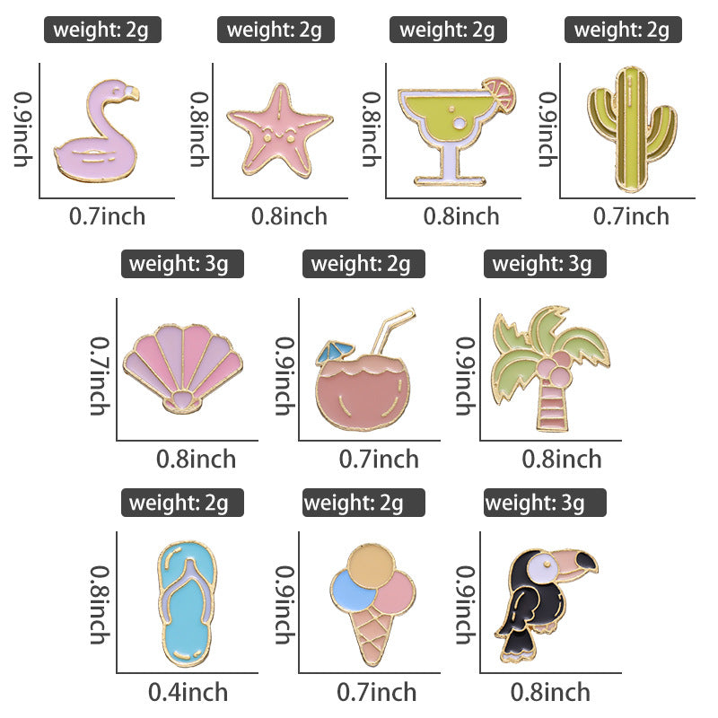 Summer Themed Metal Pins Badges Drink Ice Cream Pink Leaf Soda Starfish Shell Coconut Tree