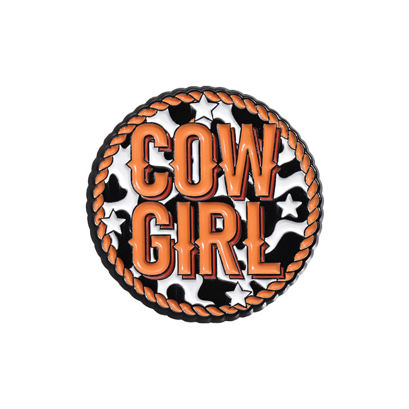 Creative Brown Cowboy Series Retro Metal Pins Badges, bull head boots, hats, geometric landscape patterns, lacquer brooches