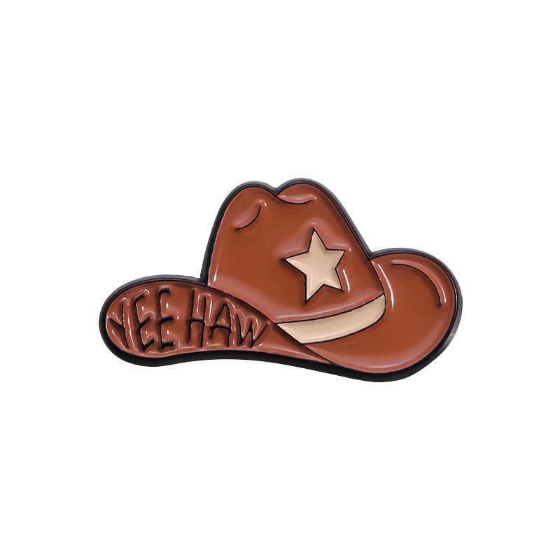 Creative Brown Cowboy Series Retro Metal Pins Badges, bull head boots, hats, geometric landscape patterns, lacquer brooches