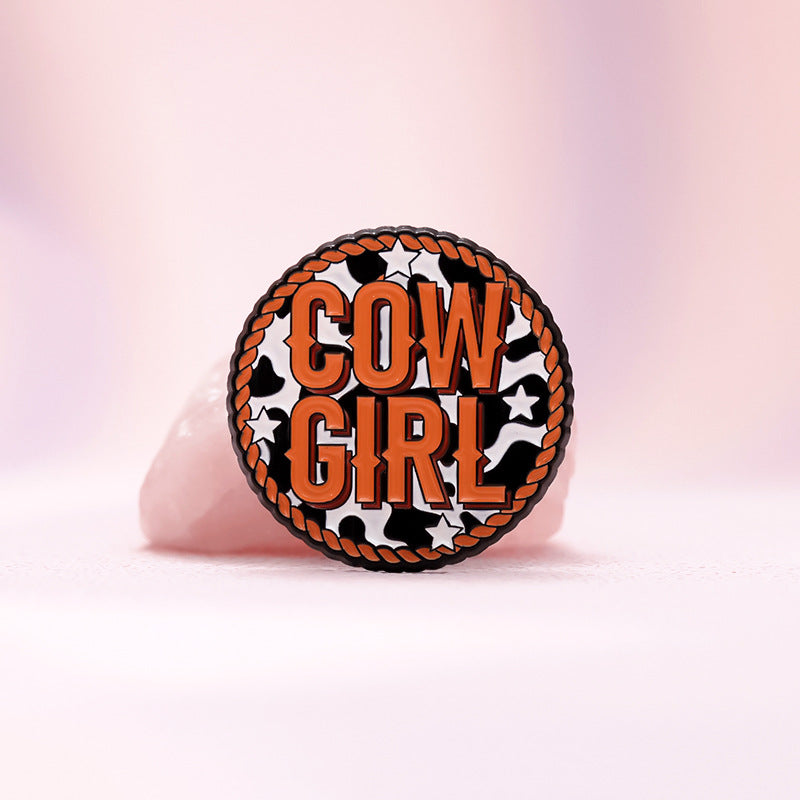 Creative Brown Cowboy Series Retro Metal Pins Badges, bull head boots, hats, geometric landscape patterns, lacquer brooches