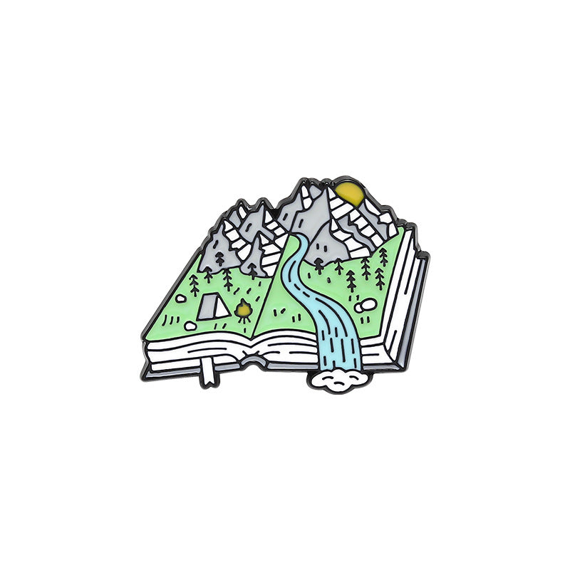 Cartoon Map Creative Landscape Book Metal Pins Badges mountain forest river accessories brooch badge