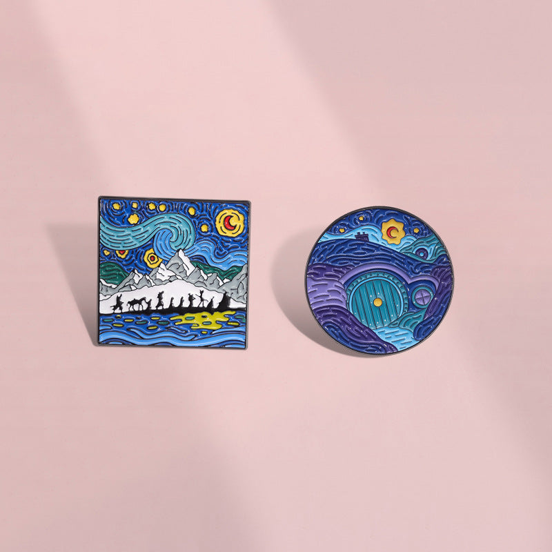 Blue Cartoon Starry Sky Moonlit Night Oil Painting Metal Pin Badge