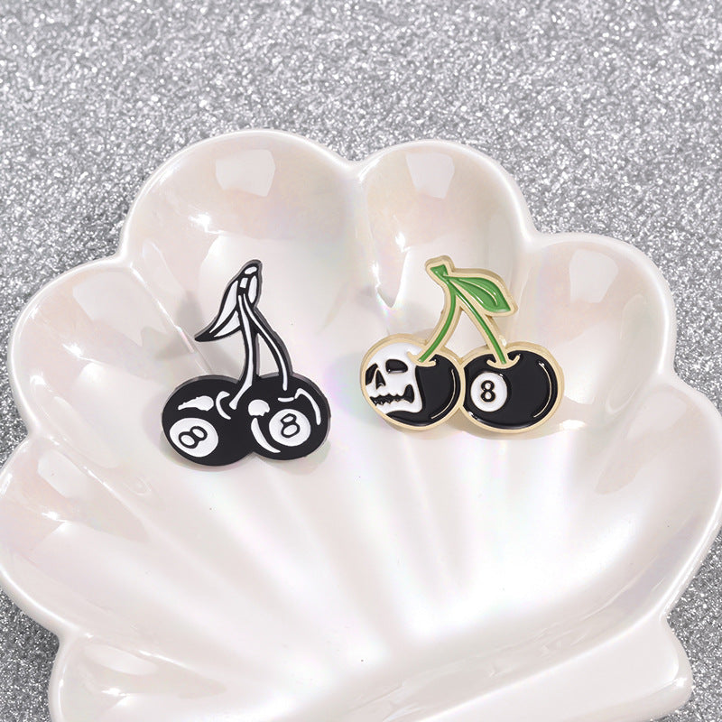 Personality Black No. 8 Billiards Sports Cherry Skull Metal Pin Badge