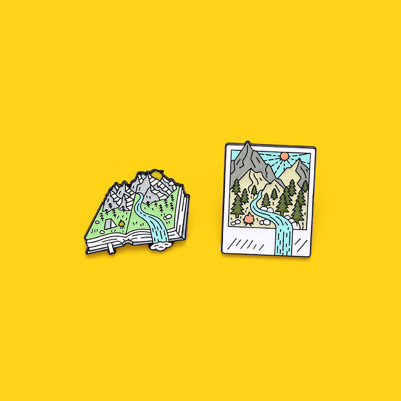 Cartoon Map Creative Landscape Book Metal Pins Badges mountain forest river accessories brooch badge