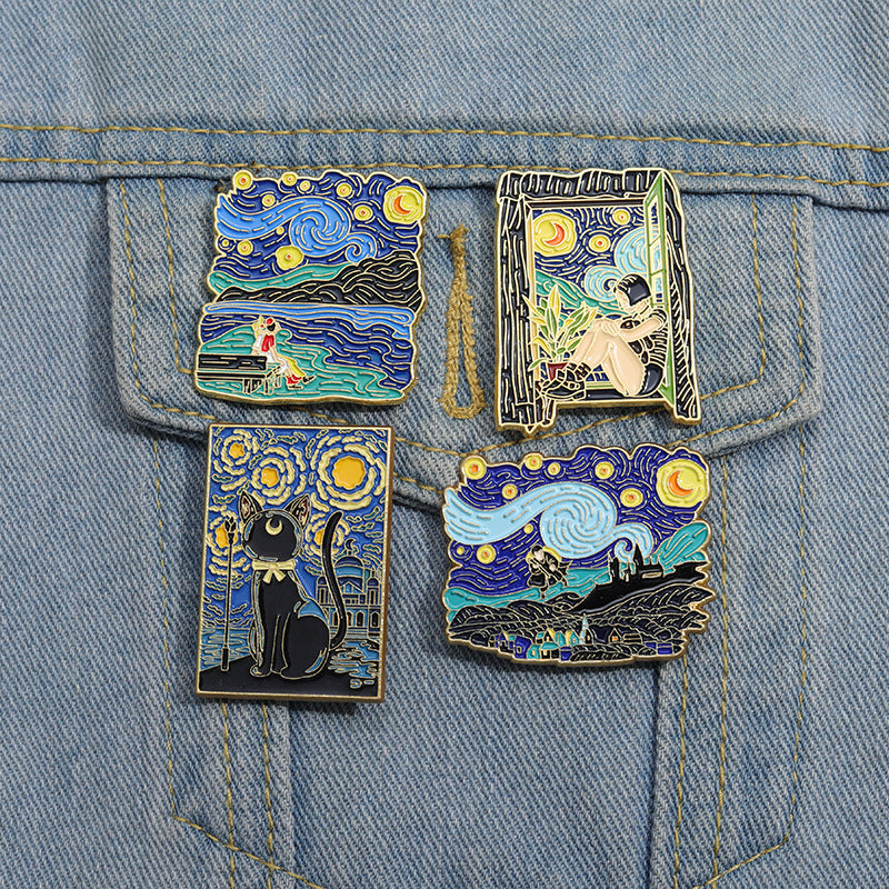 Creative Artsy Famous Oil Painting Starry Sky Metal Pin Badge
