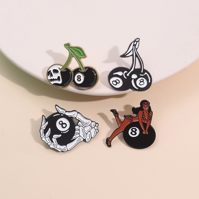 Personality Black No. 8 Billiards Sports Cherry Skull Metal Pin Badge