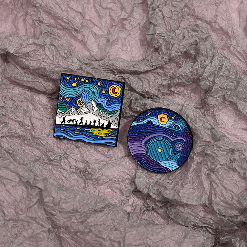 Blue Cartoon Starry Sky Moonlit Night Oil Painting Metal Pin Badge