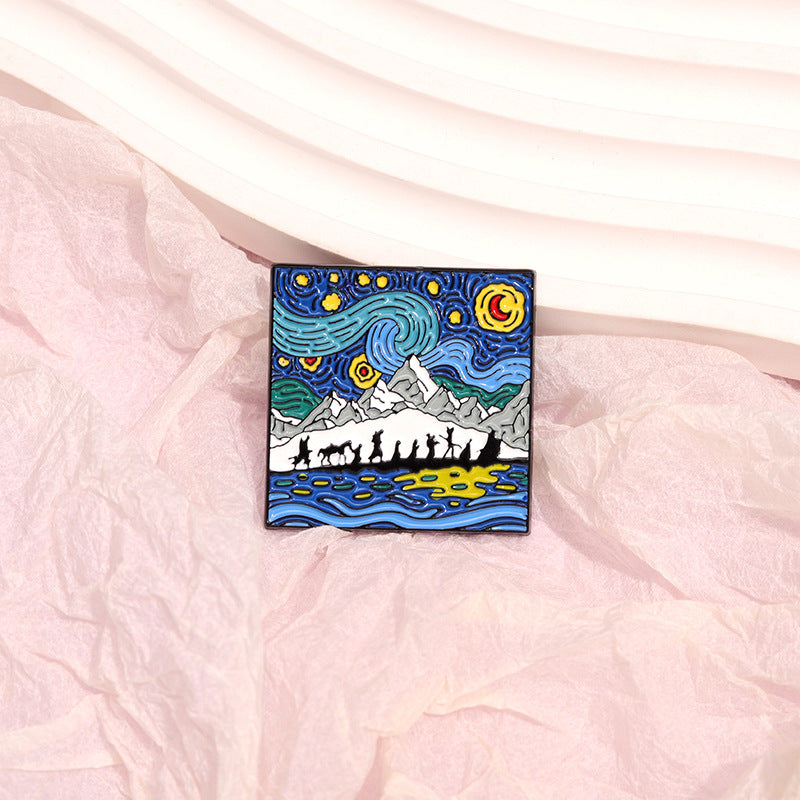 Blue Cartoon Starry Sky Moonlit Night Oil Painting Metal Pin Badge