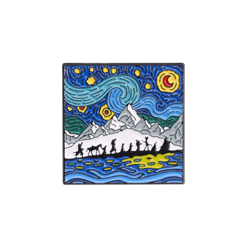 Blue Cartoon Starry Sky Moonlit Night Oil Painting Metal Pin Badge