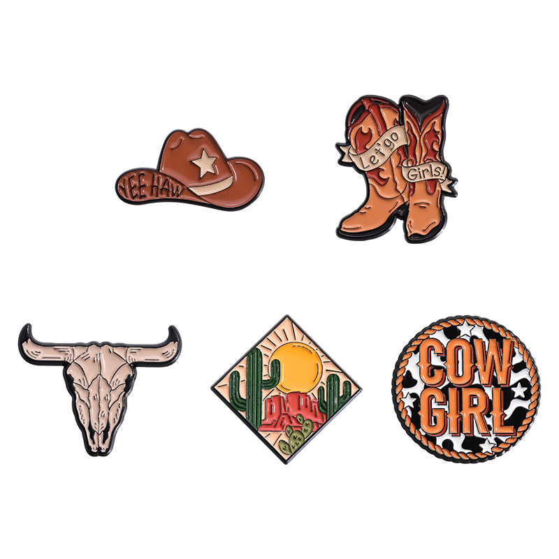 Creative Brown Cowboy Series Retro Metal Pins Badges, bull head boots, hats, geometric landscape patterns, lacquer brooches