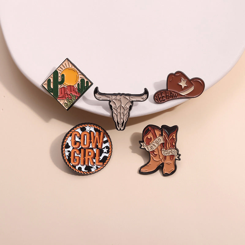 Creative Brown Cowboy Series Retro Metal Pins Badges, bull head boots, hats, geometric landscape patterns, lacquer brooches