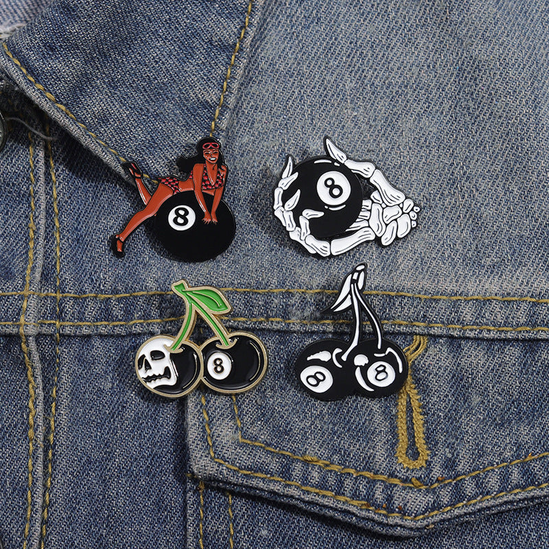 Personality Black No. 8 Billiards Sports Cherry Skull Metal Pin Badge