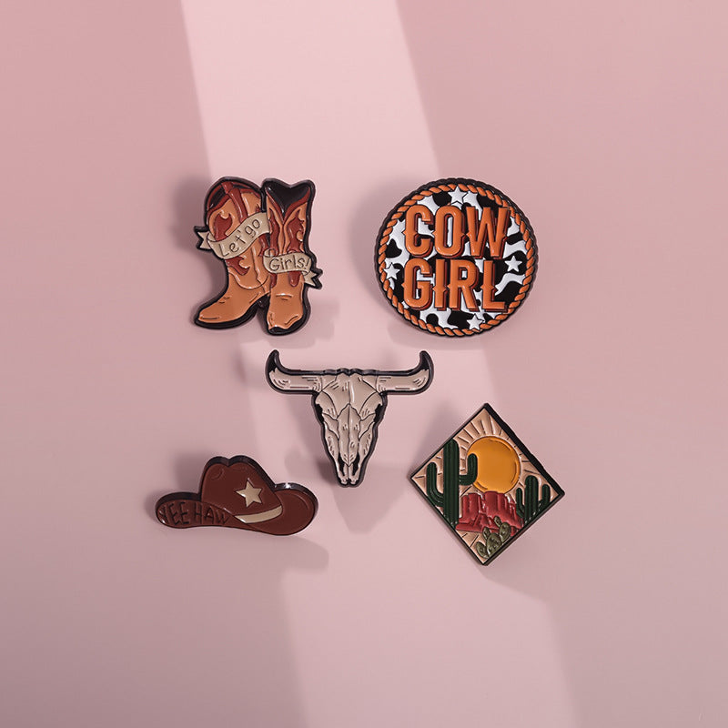 Creative Brown Cowboy Series Retro Metal Pins Badges, bull head boots, hats, geometric landscape patterns, lacquer brooches