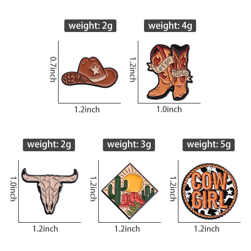 Creative Brown Cowboy Series Retro Metal Pins Badges, bull head boots, hats, geometric landscape patterns, lacquer brooches