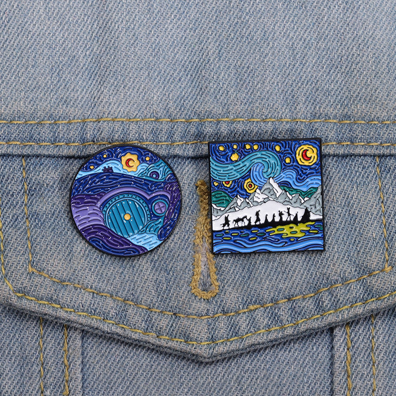 Blue Cartoon Starry Sky Moonlit Night Oil Painting Metal Pin Badge