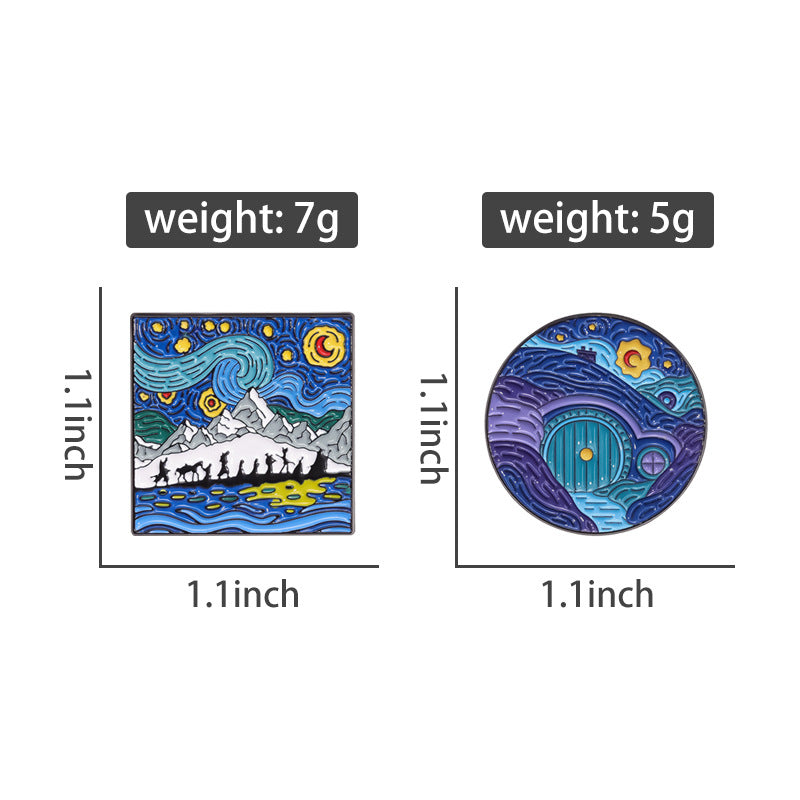 Blue Cartoon Starry Sky Moonlit Night Oil Painting Metal Pin Badge