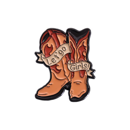 Creative Brown Cowboy Series Retro Metal Pins Badges, bull head boots, hats, geometric landscape patterns, lacquer brooches