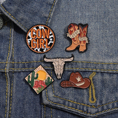 Creative Brown Cowboy Series Retro Metal Pins Badges, bull head boots, hats, geometric landscape patterns, lacquer brooches