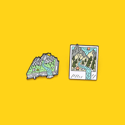 Cartoon Map Creative Landscape Book Metal Pins Badges mountain forest river accessories brooch badge