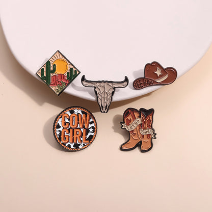Creative Brown Cowboy Series Retro Metal Pins Badges, bull head boots, hats, geometric landscape patterns, lacquer brooches
