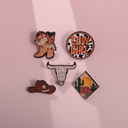 Creative Brown Cowboy Series Retro Metal Pins Badges, bull head boots, hats, geometric landscape patterns, lacquer brooches